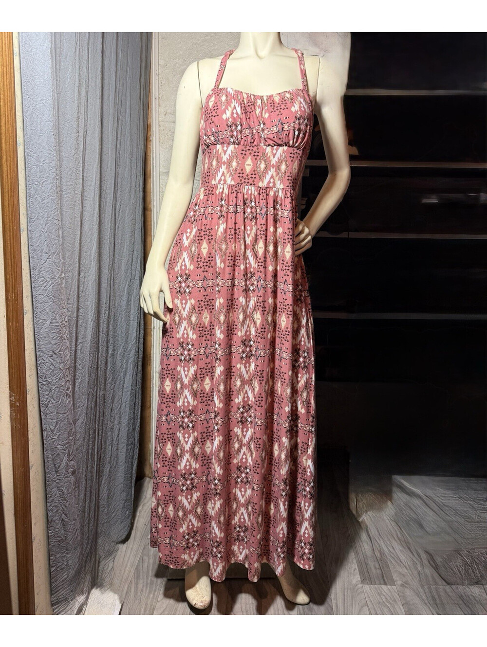 Derek Heart Maxi Dress L Sleeveless Square Neck Lace Crochet Geometric Pink